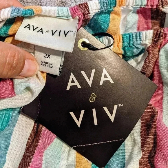 Ava And Viv Blouse Plus 2X Top Striped Short Sleeve Linen Blend White Purple NWT - Picture 5 of 5